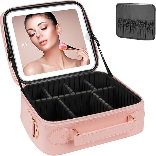 🌸 ESTUCHE DE COSMÉTICOS CON ESPEJO LED RECARGABLE – ROSADO