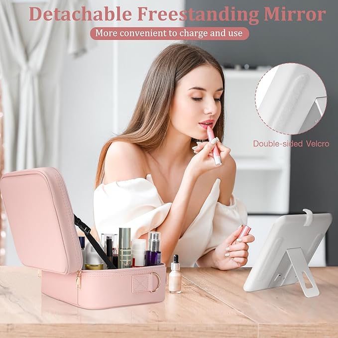 🌸 ESTUCHE DE COSMÉTICOS CON ESPEJO LED RECARGABLE – ROSADO