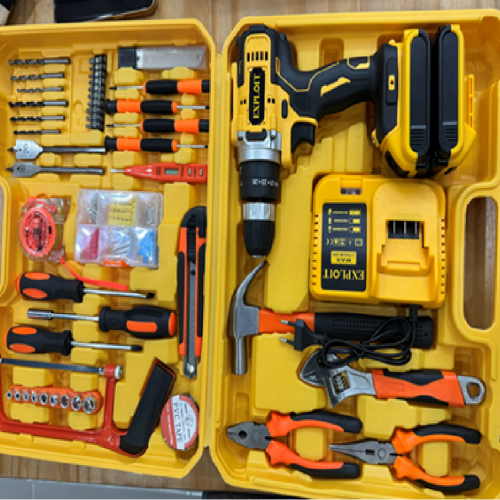 🛠️ SET DE TALADRO RECARGABLE EXPLOIT – 2 BATERÍAS + 24 PZ – AMARILLO